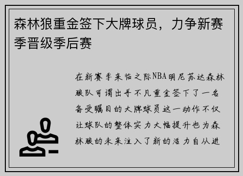 森林狼重金签下大牌球员，力争新赛季晋级季后赛